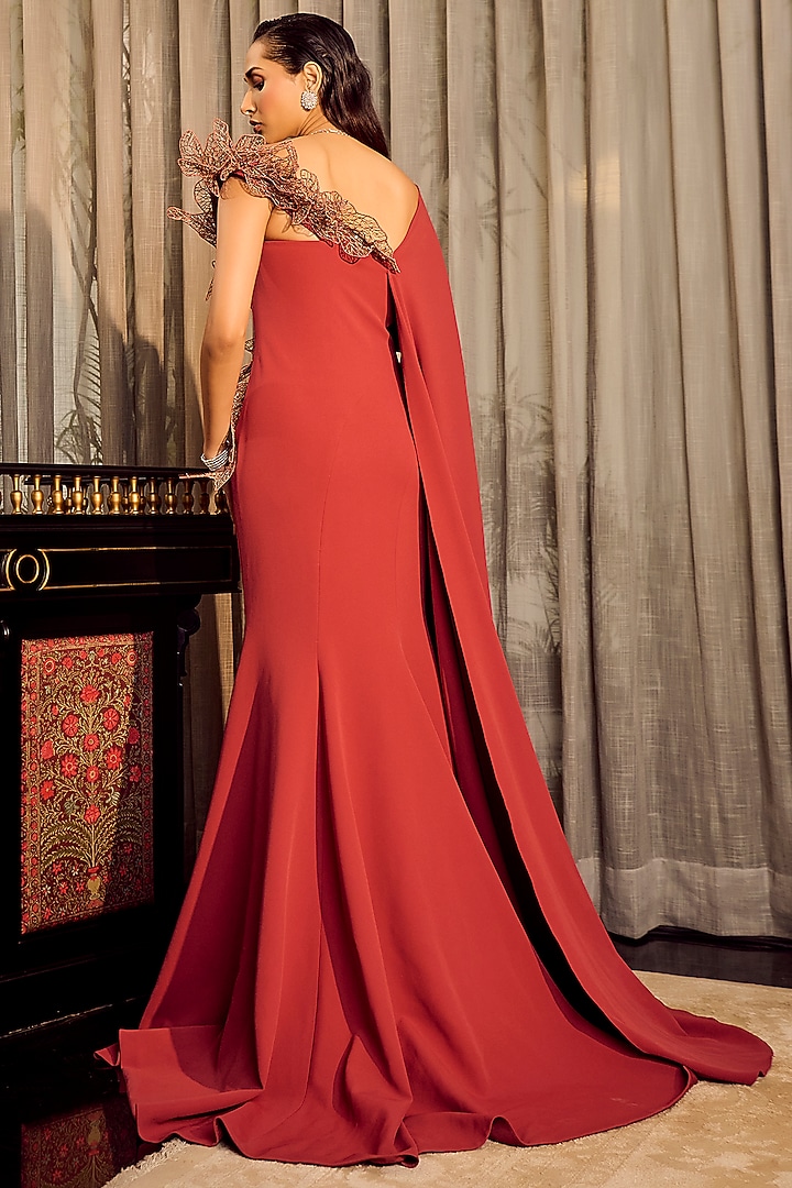 Rust Crepe One-Shoulder Draped Mermaid Wedding Gown by Supria Munjal at Pernia's Pop Up Shop