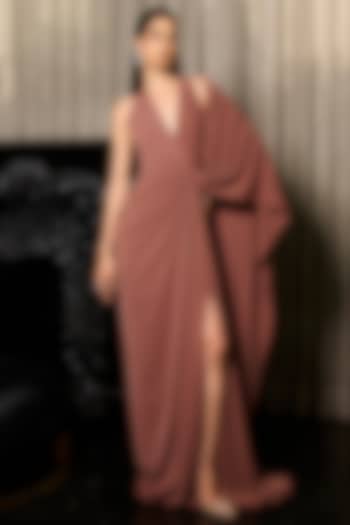 Nutmeg Brown Crepe Halter Draped Wedding Gown by Supria Munjal at Pernia's Pop Up Shop