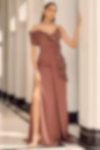 Nutmeg Brown Crepe Asymmetric Bridal Gown by Supria Munjal at Pernia's Pop Up Shop