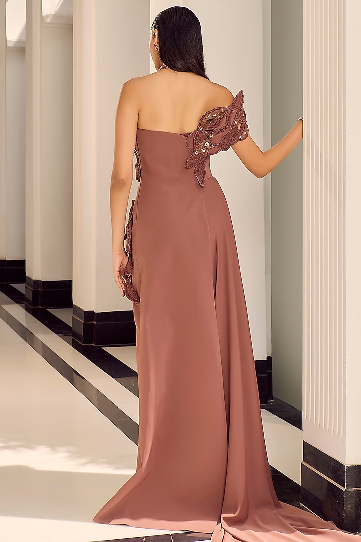 Nutmeg Brown Crepe Asymmetric Bridal Gown by Supria Munjal at Pernia's Pop Up Shop