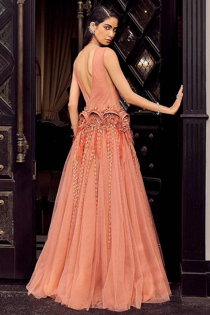 Light Rust Tulle Embellished Wedding Gown by Supria Munjal at Pernia's Pop Up Shop