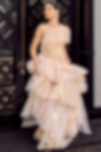 Ivory Tulle Embellished Asymmetric Draped Wedding Gown by Supria Munjal at Pernia's Pop Up Shop