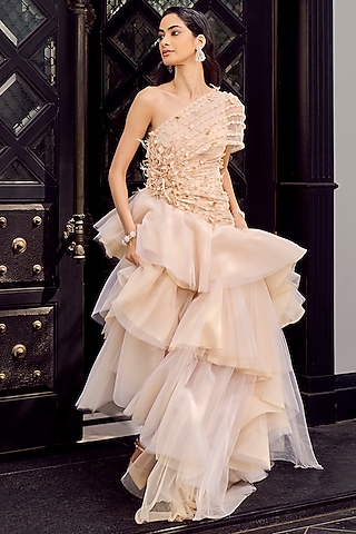 Ivory Tulle Embellished Asymmetric Draped Gown by Supria Munjal