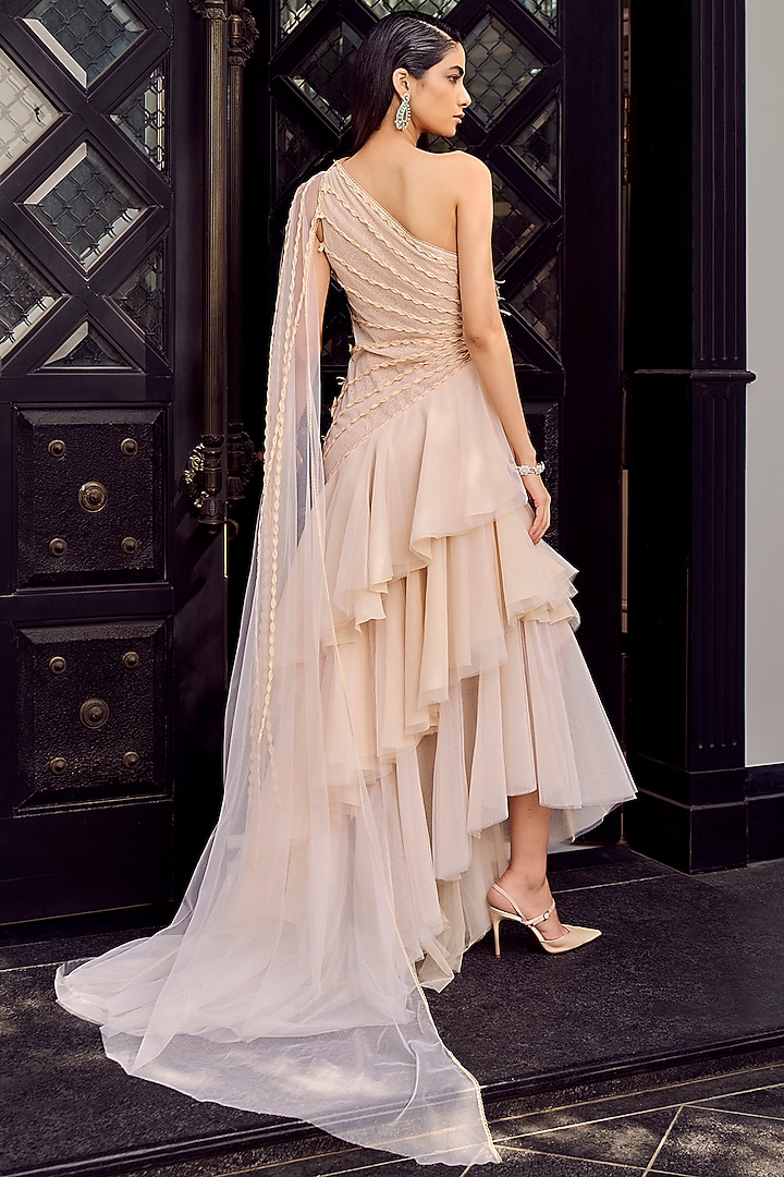 Ivory Tulle Embellished Asymmetric Draped Wedding Gown by Supria Munjal at Pernia's Pop Up Shop