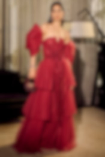 Wine Tulle Embellished Tiered Ball Wedding Gown by Supria Munjal at Pernia's Pop Up Shop