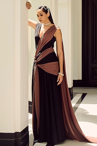 Black & Nutmeg Brown Crepe Draped Gown by Supria Munjal