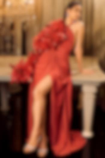 Rust Crepe Draped Bridal Gown With Cape by Supria Munjal at Pernia's Pop Up Shop