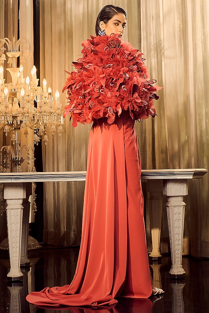 Rust Crepe Draped Bridal Gown With Cape by Supria Munjal at Pernia's Pop Up Shop