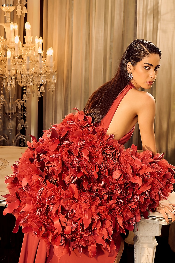 Rust Crepe Draped Bridal Gown With Cape by Supria Munjal at Pernia's Pop Up Shop
