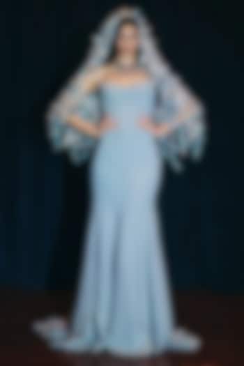 Smoke Grey Crepe Strapless Bridal Gown With Cape by Supria Munjal at Pernia's Pop Up Shop