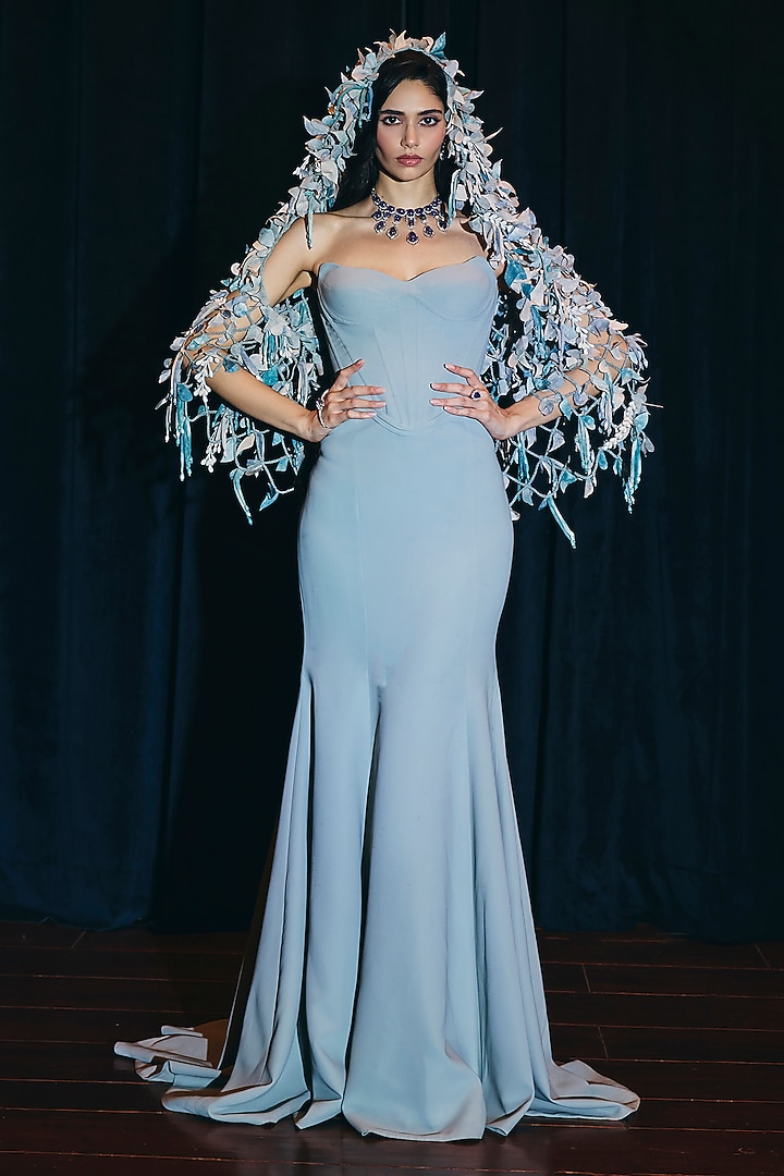 Smoke Grey Crepe Strapless Bridal Gown With Cape by Supria Munjal at Pernia's Pop Up Shop