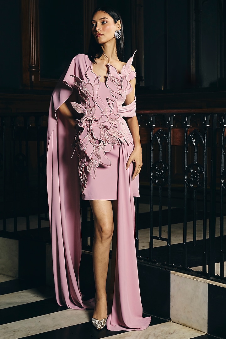 Nectar Pink Crepe Floral Applique One-Shoulder Bridal Gown by Supria Munjal at Pernia's Pop Up Shop