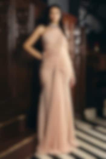 Muted Peach Textured Tulle One-Shoulder Draped Wedding Gown by Supria Munjal at Pernia's Pop Up Shop