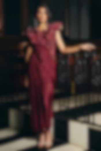 Wine Fringe Fabric Draped Bridal Gown by Supria Munjal at Pernia's Pop Up Shop