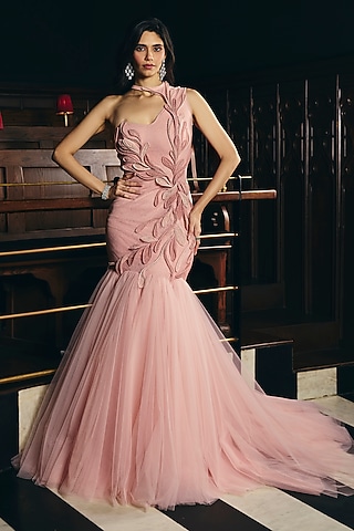 Blossom Pink Tulle Fishtail Gown by supria munjal