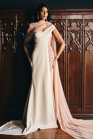 Whisper White & Muted Peach Crepe Gown by supria munjal
