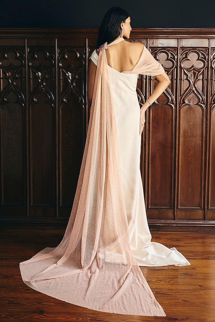 Whisper White & Muted Peach Crepe Wedding Gown by Supria Munjal at Pernia's Pop Up Shop