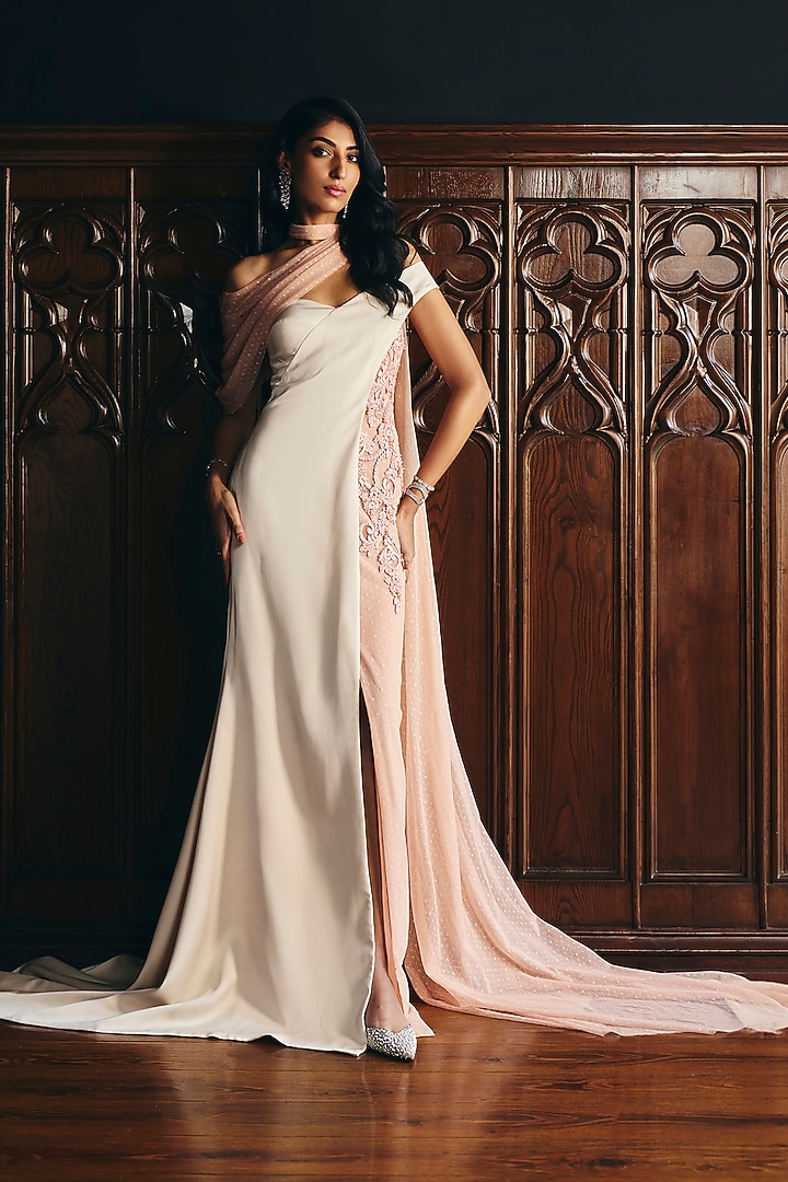 Whisper White & Muted Peach Crepe Wedding Gown by Supria Munjal at Pernia's Pop Up Shop