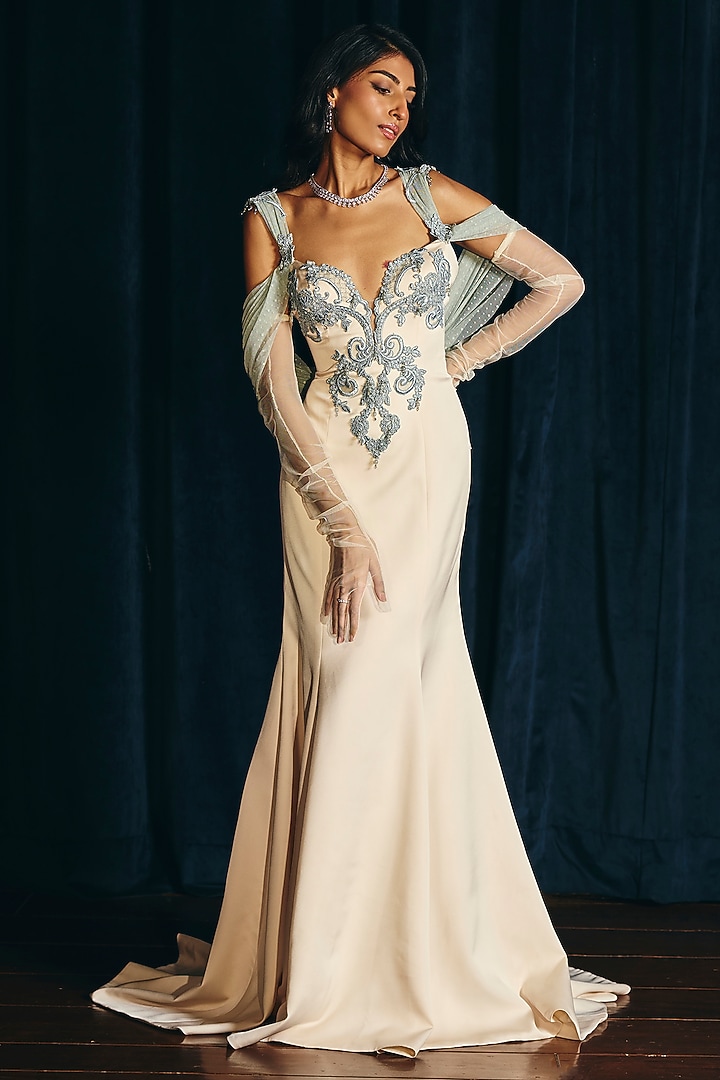Whisper White & Smoke Grey Embroidered Wedding Gown by Supria Munjal at Pernia's Pop Up Shop