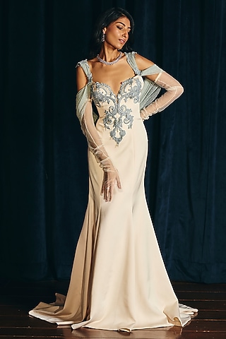 Whisper White & Smoke Grey Embroidered Gown by supria munjal