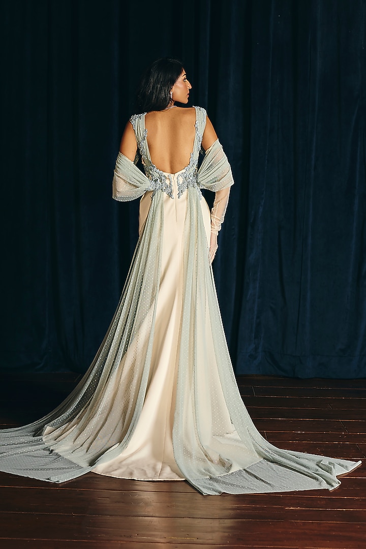 Whisper White & Smoke Grey Embroidered Wedding Gown by Supria Munjal at Pernia's Pop Up Shop