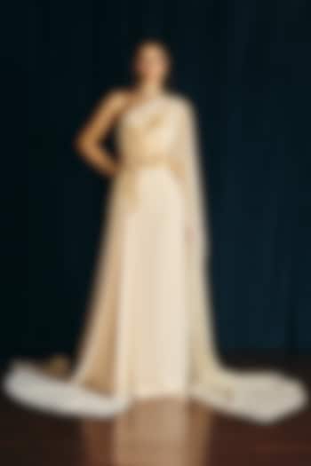 Almond Beige Crepe & Tulle One-Shoulder Wedding Gown by Supria Munjal at Pernia's Pop Up Shop