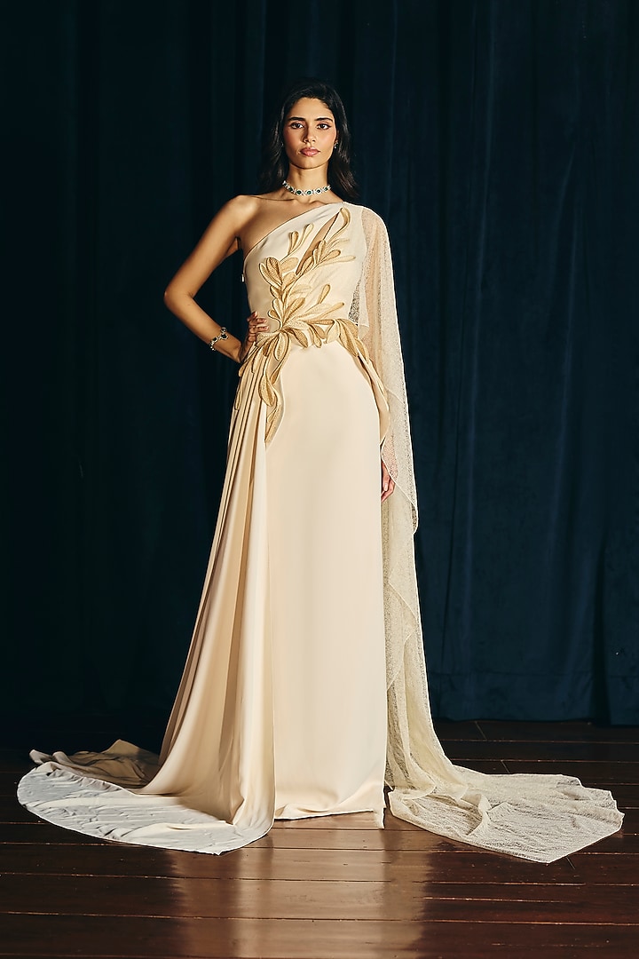 Almond Beige Crepe & Tulle One-Shoulder Wedding Gown by Supria Munjal at Pernia's Pop Up Shop