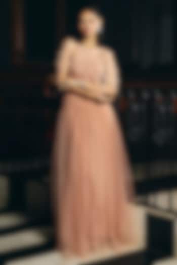 Muted Peach Tulle One-Shoulder Wedding Gown by Supria Munjal at Pernia's Pop Up Shop