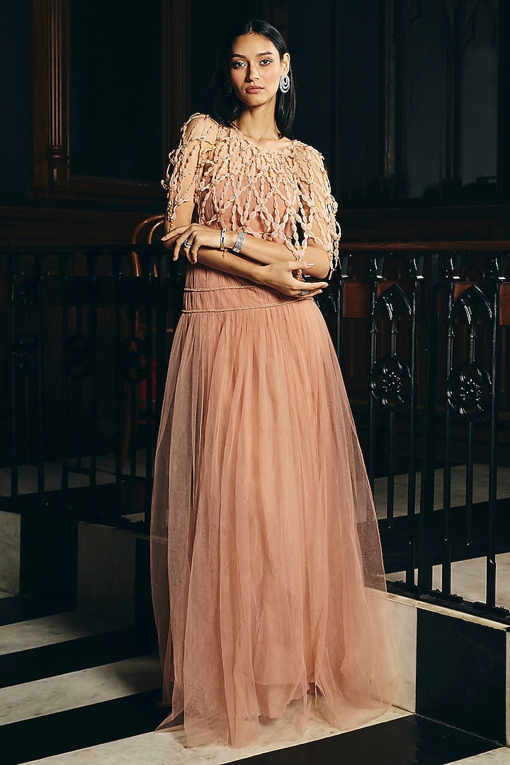 Muted Peach Tulle One-Shoulder Wedding Gown by Supria Munjal at Pernia's Pop Up Shop