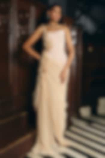 Almond Beige Crepe & Tulle One-Shoulder Wedding Gown by Supria Munjal at Pernia's Pop Up Shop