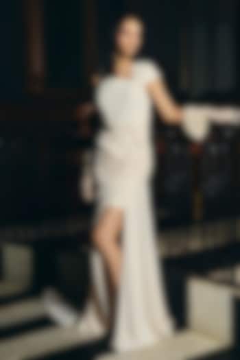 Whisper White Crepe One-Shoulder Wedding Gown by Supria Munjal at Pernia's Pop Up Shop