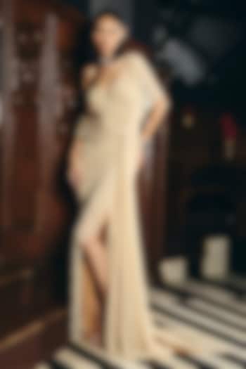 Almond Beige Tulle Draped Wedding Gown by Supria Munjal at Pernia's Pop Up Shop