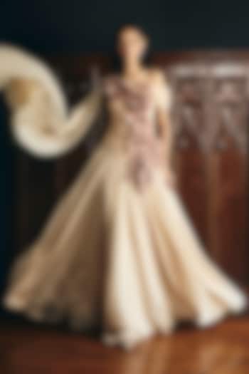 Almond Beige Organza Floral Applique Off-Shoulder Bridal Gown by Supria Munjal at Pernia's Pop Up Shop