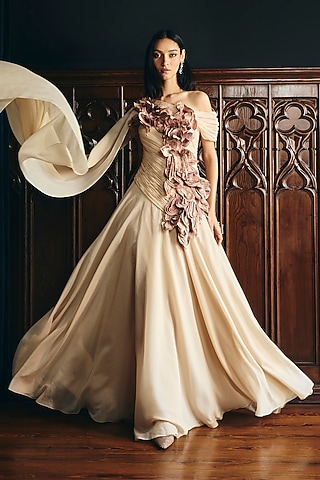 Almond Beige Organza Floral Applique Off-Shoulder Gown by Supria Munjal