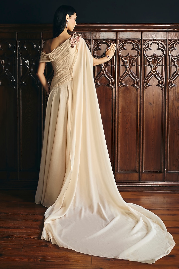 Almond Beige Organza Floral Applique Off-Shoulder Bridal Gown by Supria Munjal at Pernia's Pop Up Shop