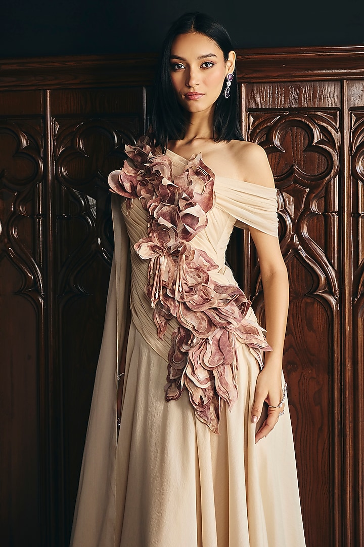 Almond Beige Organza Floral Applique Off-Shoulder Bridal Gown by Supria Munjal at Pernia's Pop Up Shop