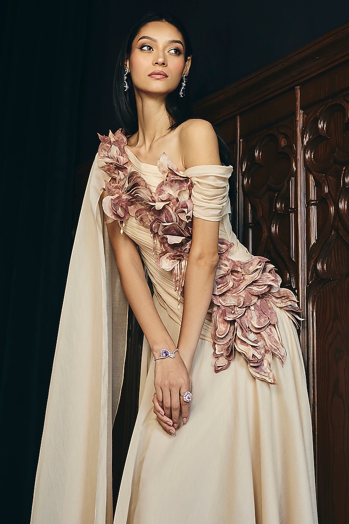 Almond Beige Organza Floral Applique Off-Shoulder Bridal Gown by Supria Munjal at Pernia's Pop Up Shop