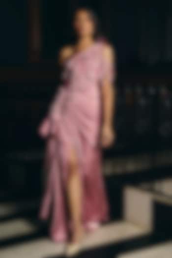 Nectar Pink Fluid Crepe Satin One-Shoulder Wedding Gown by Supria Munjal at Pernia's Pop Up Shop