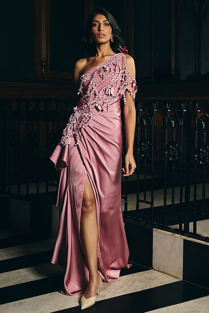 Nectar Pink Fluid Crepe Satin One-Shoulder Wedding Gown by Supria Munjal at Pernia's Pop Up Shop