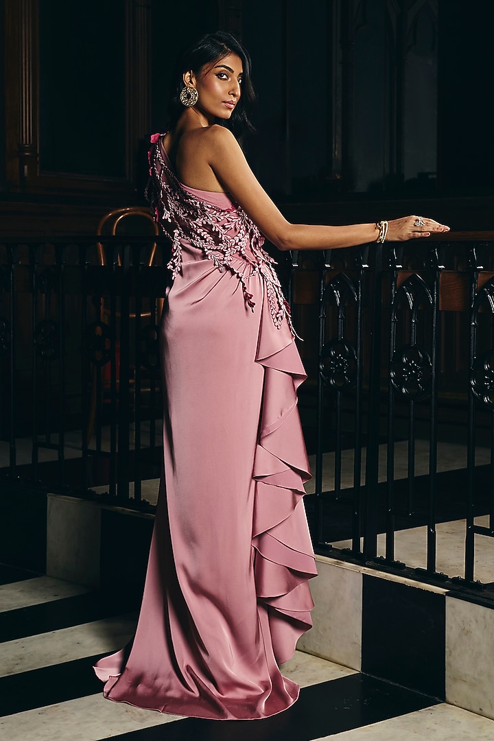 Nectar Pink Fluid Crepe Satin One-Shoulder Wedding Gown by Supria Munjal at Pernia's Pop Up Shop