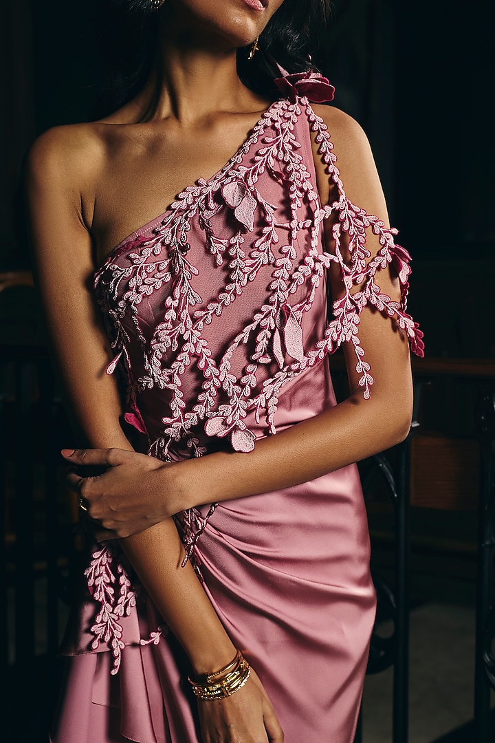 Nectar Pink Fluid Crepe Satin One-Shoulder Wedding Gown by Supria Munjal at Pernia's Pop Up Shop