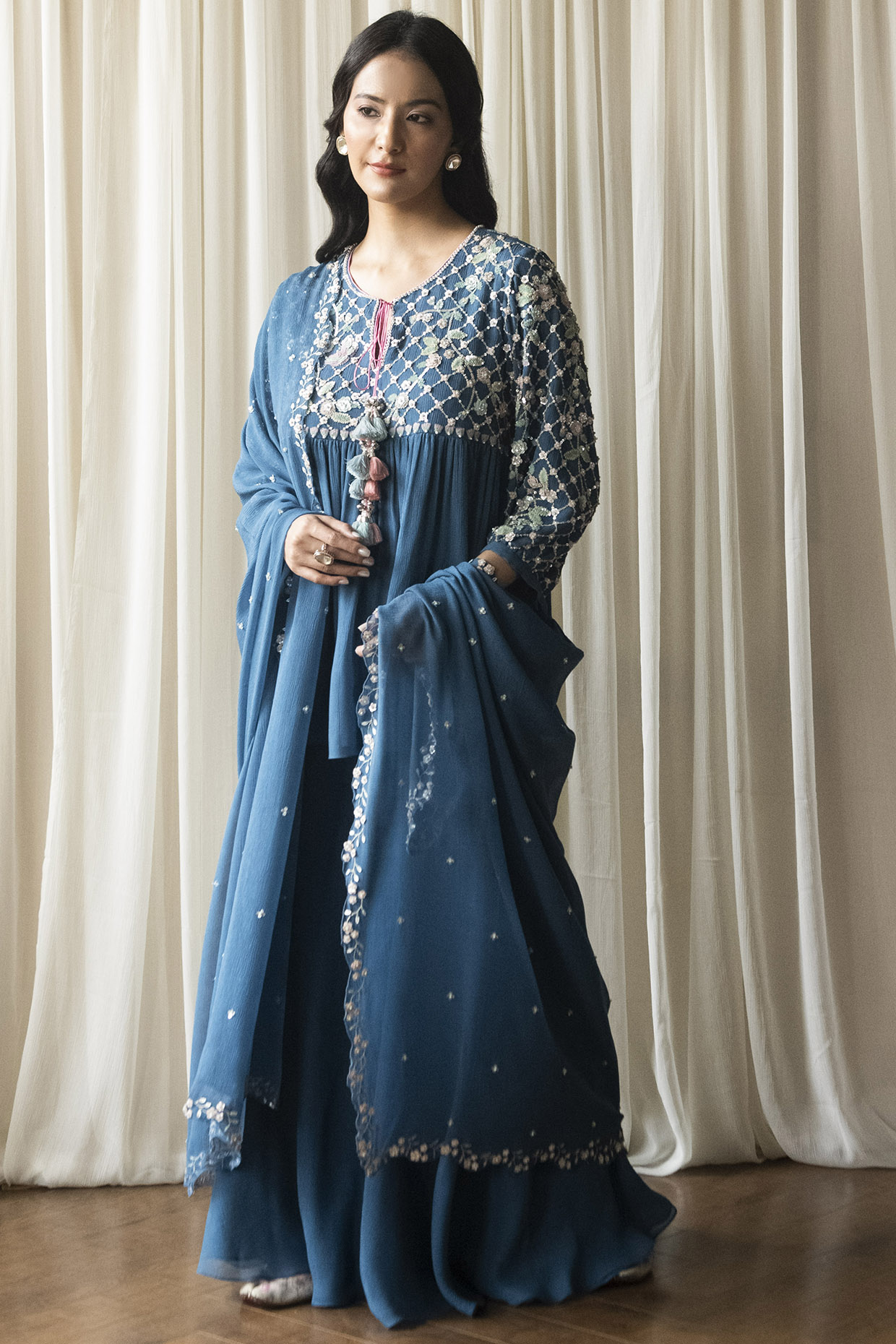Blue Chiffon Hand Embroidered Wedding Sharara Set by Summer by Priyanka Gupta at Pernia's Pop Up Shop