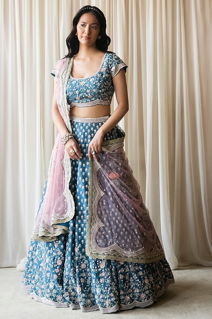 Blue Dupion Silk Hand Embroidered Bridal Lehenga Set by Summer by Priyanka Gupta at Pernia's Pop Up Shop