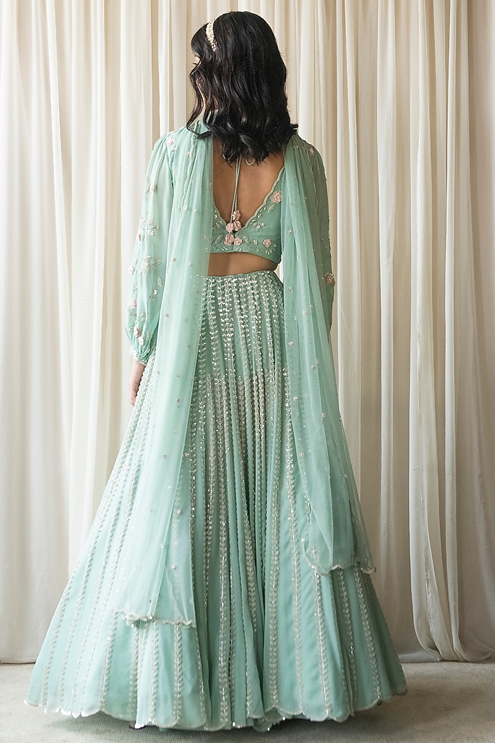 Green Georgette Hand Embroidered Bridal Lehenga Set by Summer by Priyanka Gupta at Pernia's Pop Up Shop