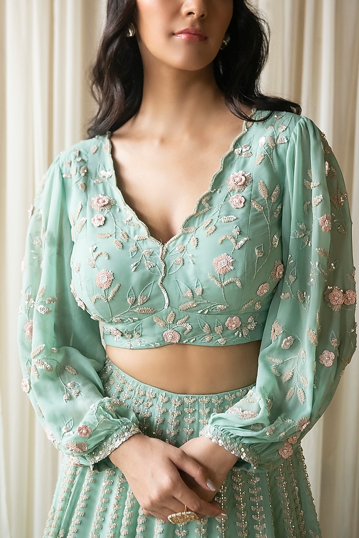 Green Georgette Hand Embroidered Bridal Lehenga Set by Summer by Priyanka Gupta at Pernia's Pop Up Shop