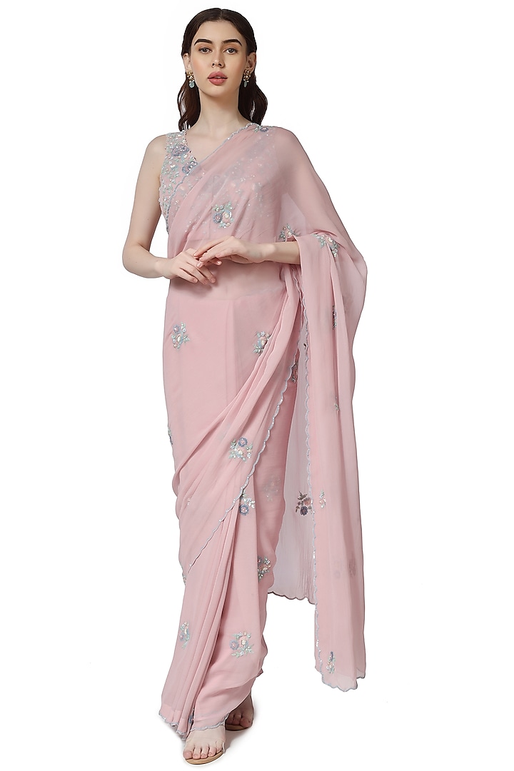 Pink Georgette Machine & Hand Embroidered Saree Set by Summer by Priyanka Gupta