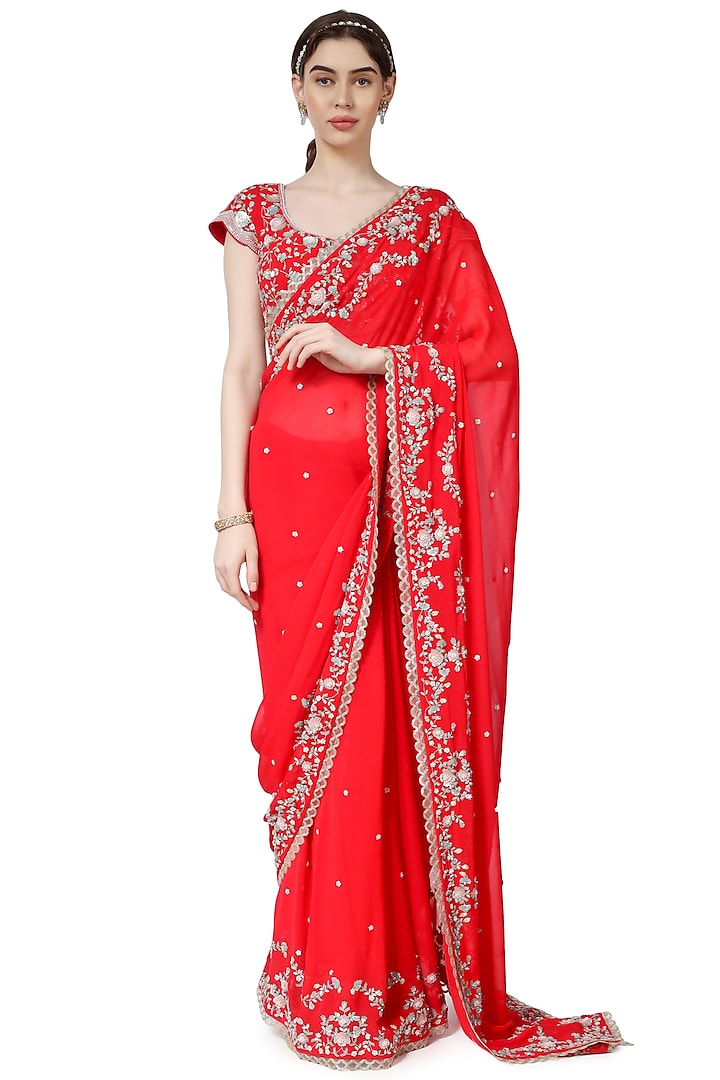 Red Persian Georgette Hand Embroidered Saree Set by Summer by Priyanka Gupta
