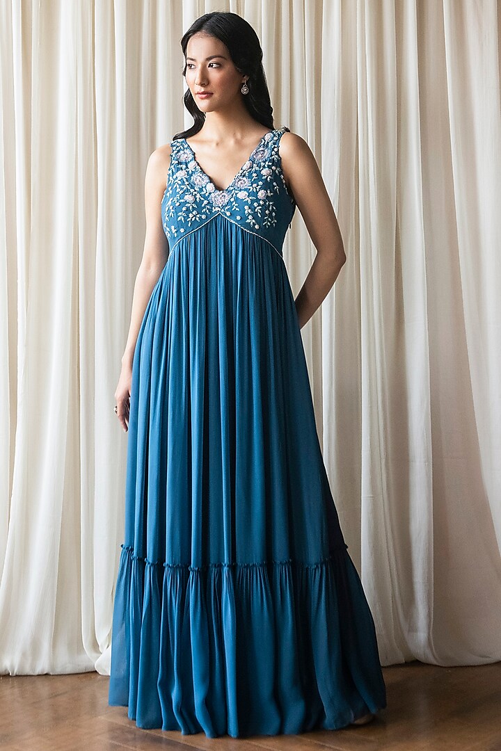 Blue Georgette Machine & Hand Embroidered Maxi Dress by Summer by Priyanka Gupta