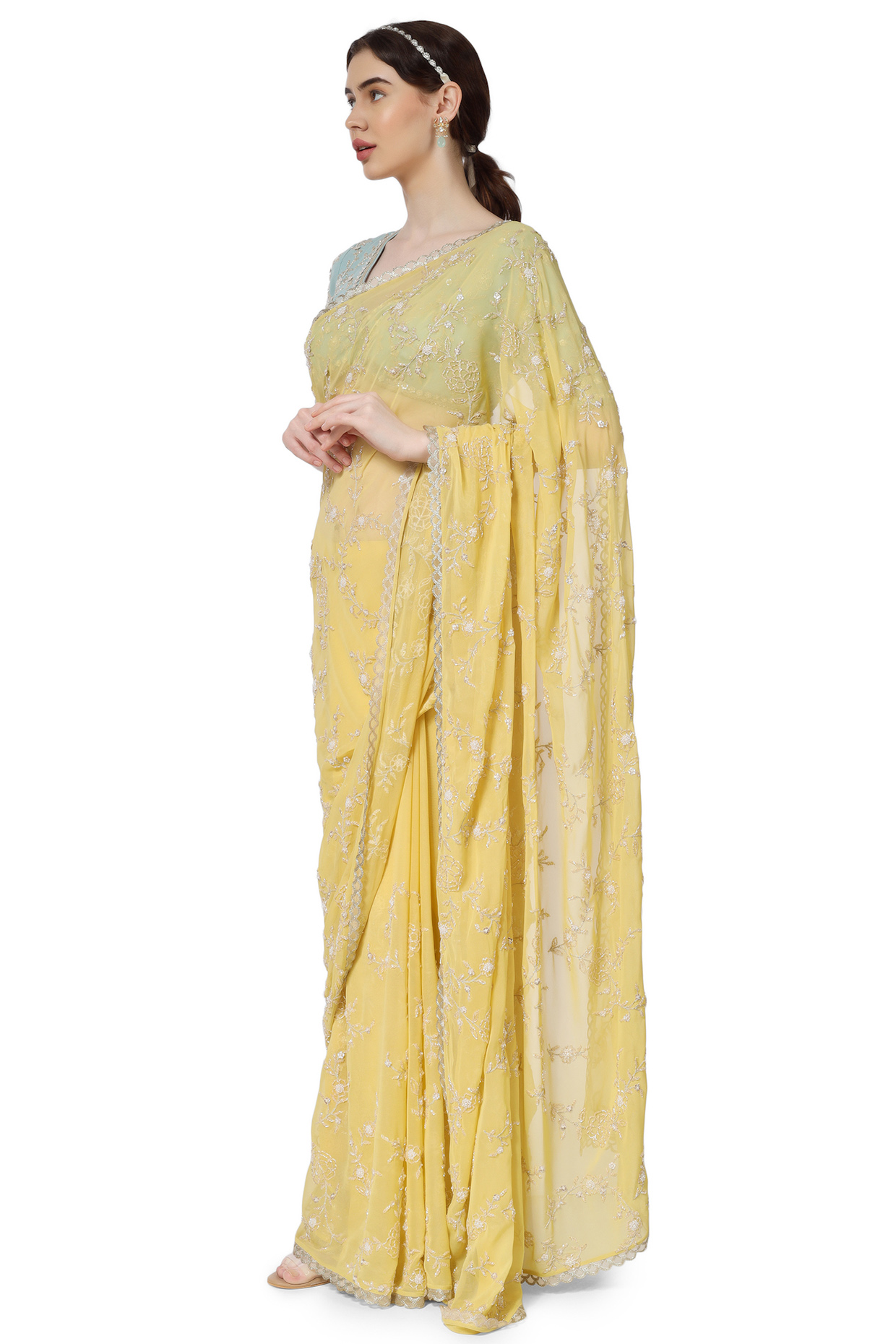 Yellow Georgette Hand Embroidered Wedding Saree Set by Summer by Priyanka Gupta at Pernia's Pop Up Shop