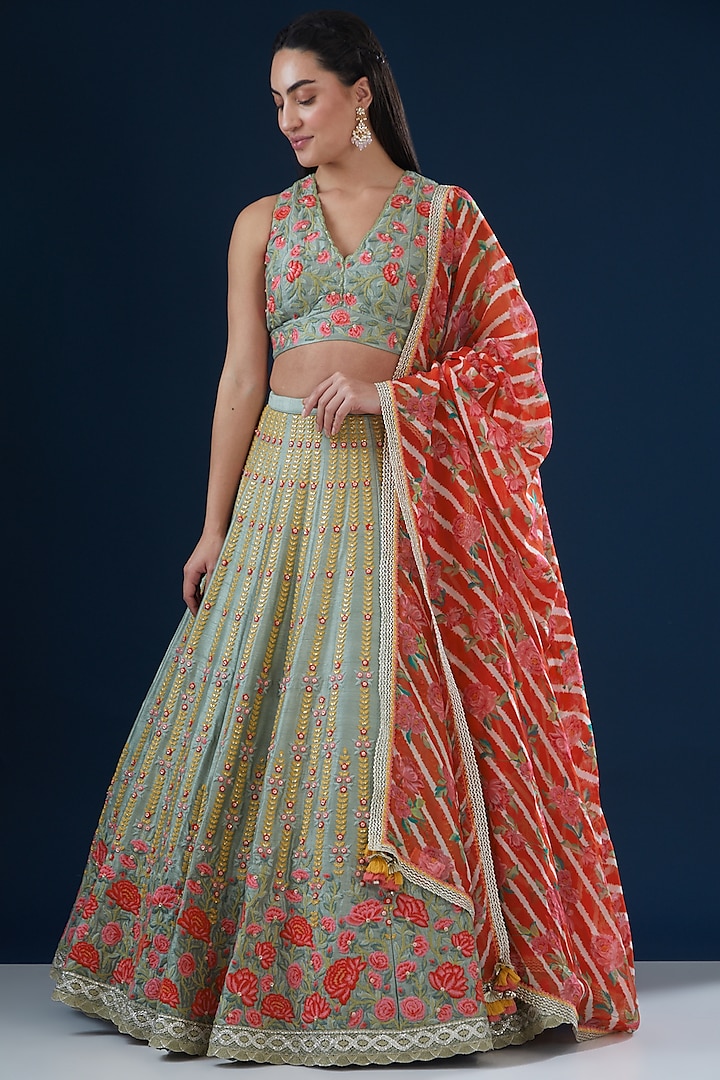 Green Raw Silk Floral Embroidered Wedding Lehenga Set by Summer by Priyanka Gupta at Pernia's Pop Up Shop